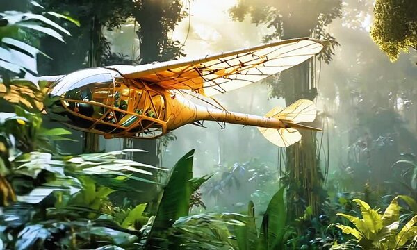 A vintage airplane flying through a dense, tropical jungle. The scene has a surreal, dreamlike quality with muted colors and a soft glow.