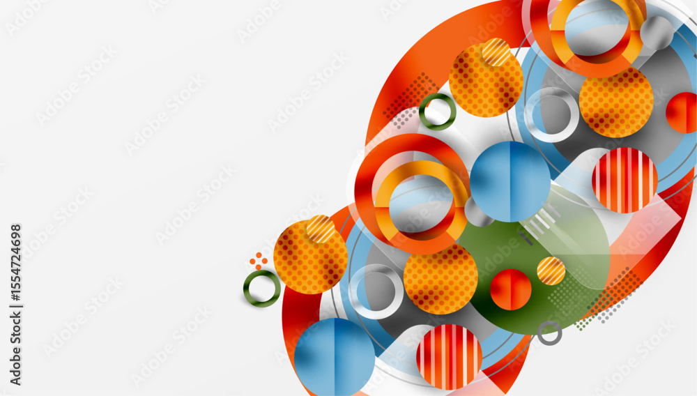 Poster abstract design features overlapping circles, vibrant colors, dynamic composition. modern graphic el