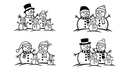 Black and White Snowman Family Illustrations with Various Winter Accessories