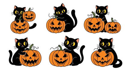 Cartoon Black Cats with Carved Halloween Pumpkins, Festive Illustration