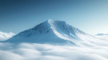Snowy mountain peak above a sea of clouds. A majestic, snow-capped mountain rises above a vast expanse of soft, white clouds. Clear, serene sky
