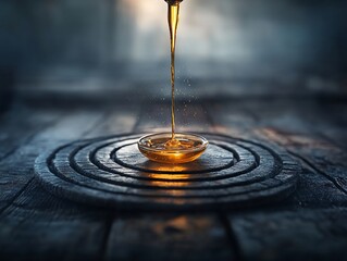 Golden liquid pours into a small bowl on a rustic wooden surface