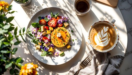 Brightly Styled Vegan Brunch with Tofu Scramble, Fresh Salad, and Plant-Based Latte


