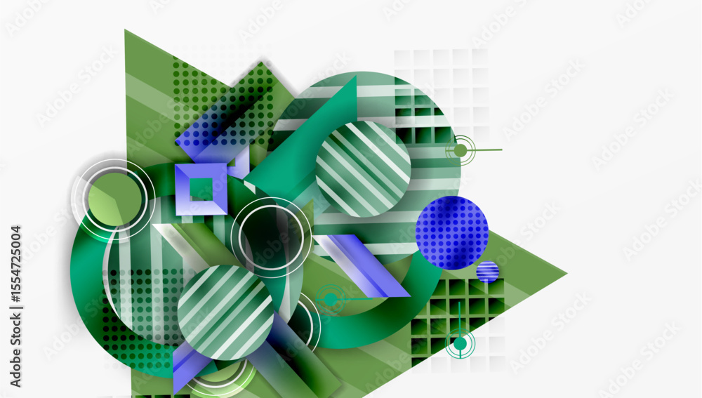 Poster Abstract geometric composition. Green, blue hues dominate. Overlapping shapes create dynamic visual effect. Modern design elements present.