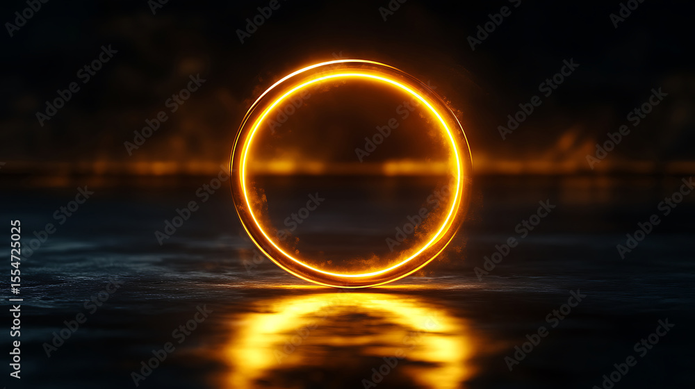 Poster glowing golden circle with reflection on dark background mysterious and futuristic geometric shape g
