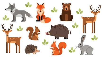 Fototapeta premium Collection of Cute Flat-Style Forest Animals: Wolf, Fox, Bear, Deer, Squirrel, Boar, Hedgehog, and Rabbit