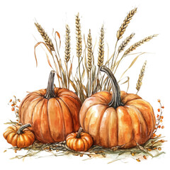 Harvest Ripe Pumpkins Wheat, watercolor drawing vector, isolated on a white background.