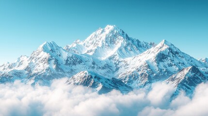 Snowy mountain peak rising above a sea of clouds. A majestic, snow-capped mountain range dominates the image, its icy slopes contrasting against a clear, light-blue sky.