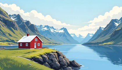 Vector Illustration of Red Coastal House with Mountain and Fjord Background