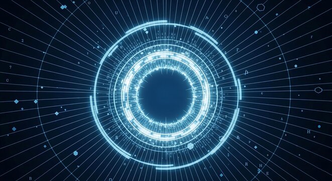 Abstract futuristic technology background: glowing blue circular data stream with algorithmic code