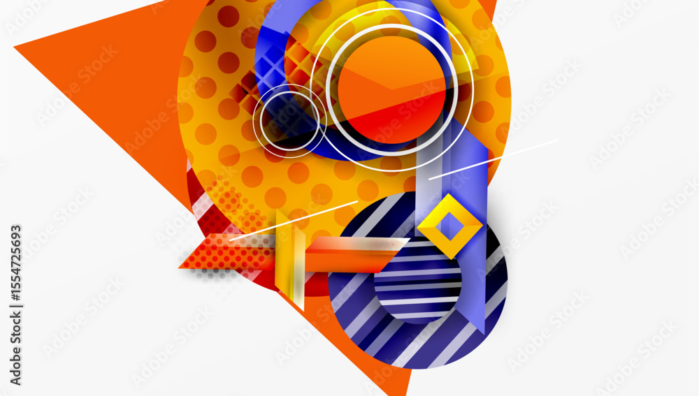 Poster Abstract composition featuring vibrant orange, blue, yellow shapes. Circles, triangles, lines create dynamic visual effect. Modern design elements present.