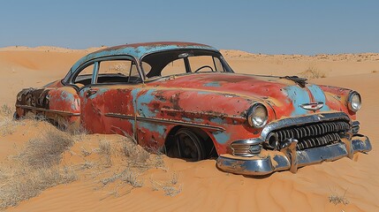 An old, rusty, half-buried classic car sits decaying in the vast expanse of a desert sand dune