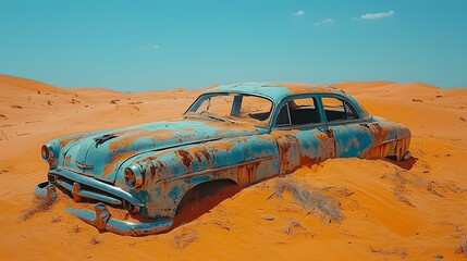 An old, rusty, half-buried classic car sits decaying in the vast expanse of a desert sand dune