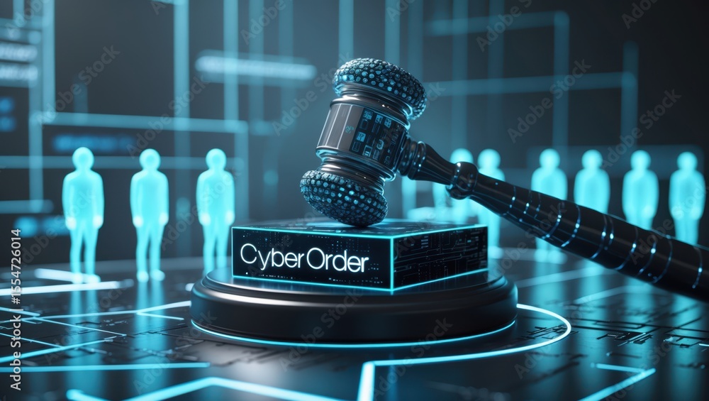 Poster digital gavel on futuristic platform with text 