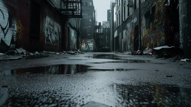 Moody urban alley after rainfall with puddles and graffiti, reflecting gritty atmosphere, decay, and raw city life in a cinematic style.

