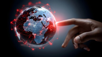 A hand pointing at a glowing digital 3D globe with blue continents and red data connection lines across countries symbolizing worldwide information and communication technology