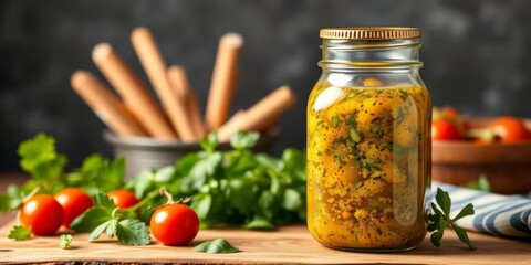 Italian vinaigrette in mason jar, ready to use,   healthy,  olive oil
