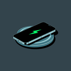 Wireless charging pad with smartphone on top, charging symbol in flat vector with dark background, Dark Mode UI style