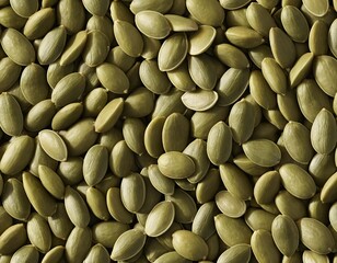 A close-up view of numerous pumpkin seeds, showcasing their light green hue and slightly oblong shape.