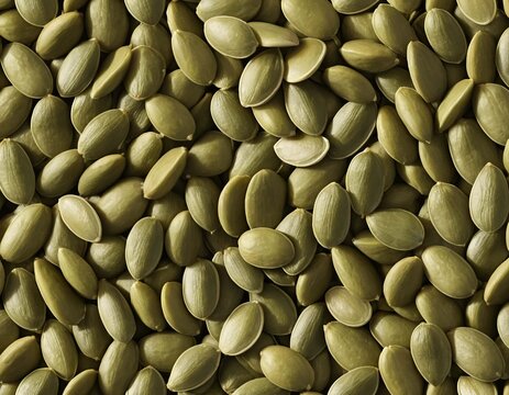 A close-up view of numerous pumpkin seeds, showcasing their light green hue and slightly oblong shape.