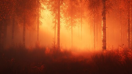 Golden, misty forest bathed in warm light