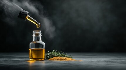Golden oil drips into a small glass bottle, surrounded by herbs.  Aroma therapy