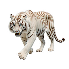 Fototapeta premium Majestic White Tiger Stroll: A formidable white tiger prowls forward, its striking fur a canvas of pristine white and bold stripes, capturing the raw power and beauty of nature's masterpiece.