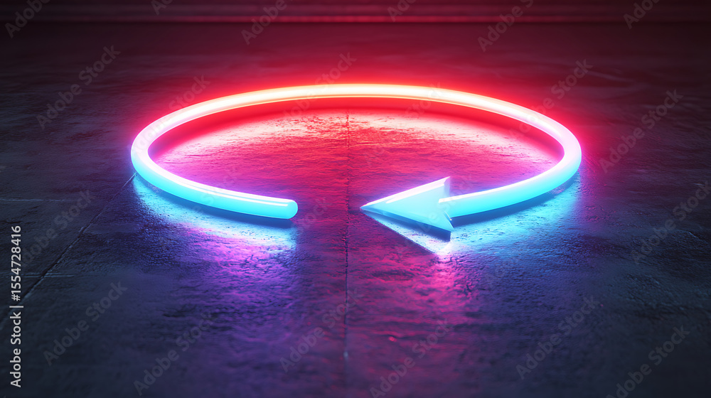 Poster glowing neon arrow circle rotation on dark surface red and blue illuminated circular arrow sign