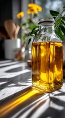 Golden oil in a glass jar, sunlight on countertop