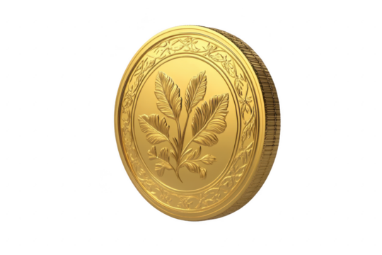 Golden coin with intricate leaf design isolated on a transparent background