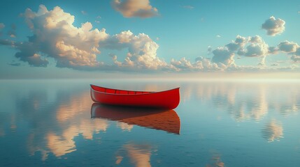 A vibrant orange canoe floats on a mirror-like desert lake, reflecting the blue sky and white clouds amidst towering sand dunes