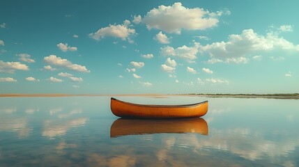 A vibrant orange canoe floats on a mirror-like desert lake, reflecting the blue sky and white clouds amidst towering sand dunes