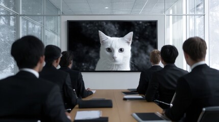 Business Professionals Viewing Presentation Featuring a Surprising Image of a White Cat