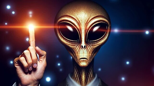 An alien with large eyes and a humanoid shape points a finger, emitting a glowing light. The background features a starry night sky.