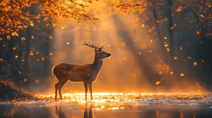 A young deer stands bathed in golden autumn sunlight, amidst a shower of falling leaves in a misty, enchanted forest