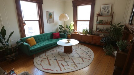 A living room with a round rug and a teal sofa.