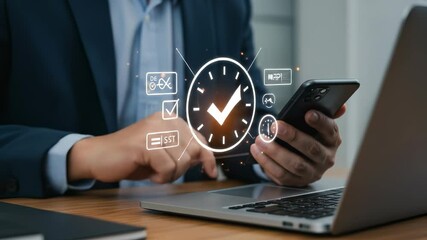 Time Management & Productivity: Businessman Using Phone & Laptop with Clock Icon Overlay - Efficiency, Deadlines, Tasks - Powered by Adobe