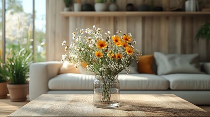 A lovely floral arrangement with daisies and calendula is in the center of the frame. The background is a living room in soft focus.