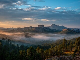 Fototapeta premium South Dakota Mountains. Misty Sunrise Over Custer State Park Needles. Panoramic Landscape View