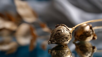 Golden, ornate poppy seed pod, delicate craftsmanship