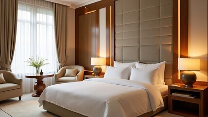 Serene bedroom interior with a plush bed, warm lighting, and inviting seating, offering a relaxing and comfortable atmosphere.