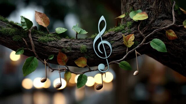 A tree branch covered with moss and leaves of different colors, on which a musical key and notes are placed