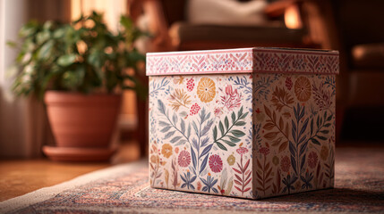 A beautifully designed cardboard box with floral patterns, set in an elegant home environment, showcasing eco-friendly packaging.