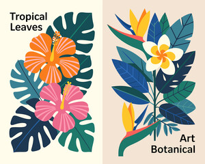 Stylized Botanical Art Print Vibrant Tropical Flowers and Leaves