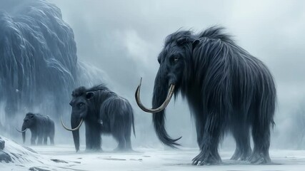 Ice age mammoths walk in the snow and beautiful winter mountain landscape