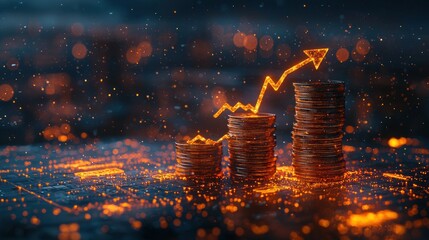 Stacks of coins with glowing upward trend line