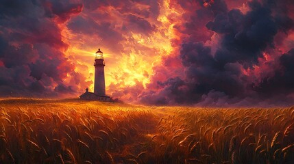 A solitary lighthouse stands in a golden wheat field under a dramatic, fiery sunset sky, emanating light and hope in a surreal landscape
