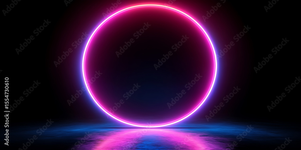 Poster glowing neon circle with reflection on dark surface abstract futuristic background vibrant circular 