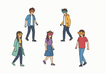 Line Art Walking People with Futuristic Mask Illustration