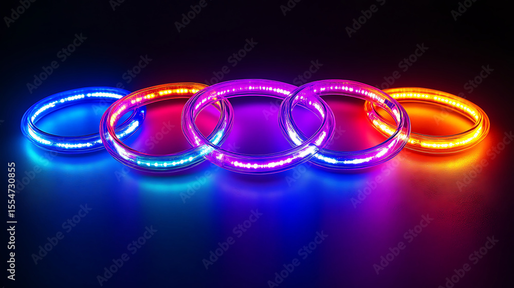 Poster glowing neon circles interlocked abstract design on dark background represents futuristic technology